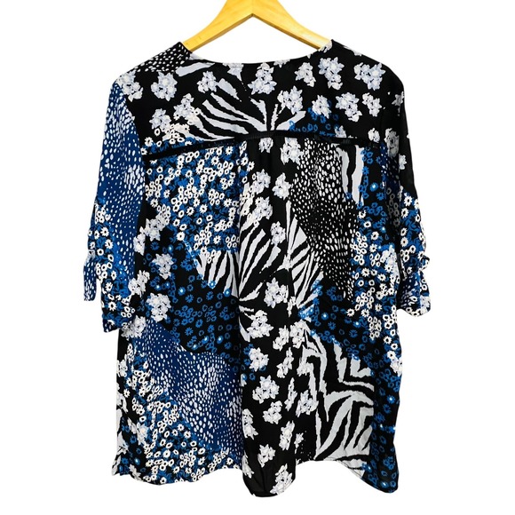 Investments Blouse Womens XL Blue Mixed Floral Zebra Button Front‎ Tie Sleeve - Picture 14 of 14